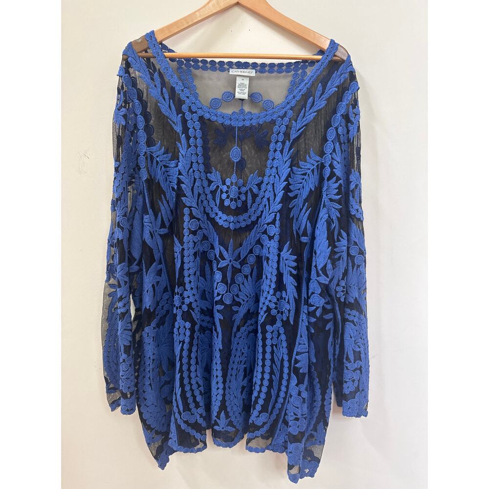 Embroidered Sheer Blouse - Royal Blue